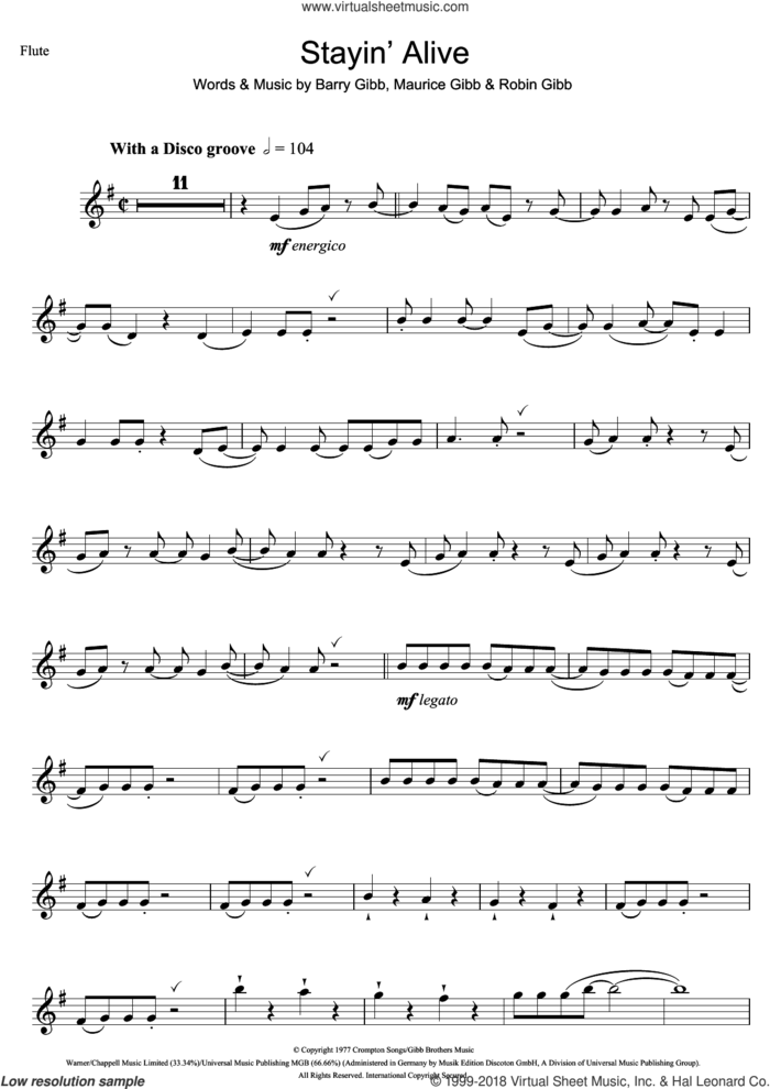 Stayin' Alive sheet music for flute solo by Bee Gees, Barry Gibb, Maurice Gibb and Robin Gibb, intermediate skill level