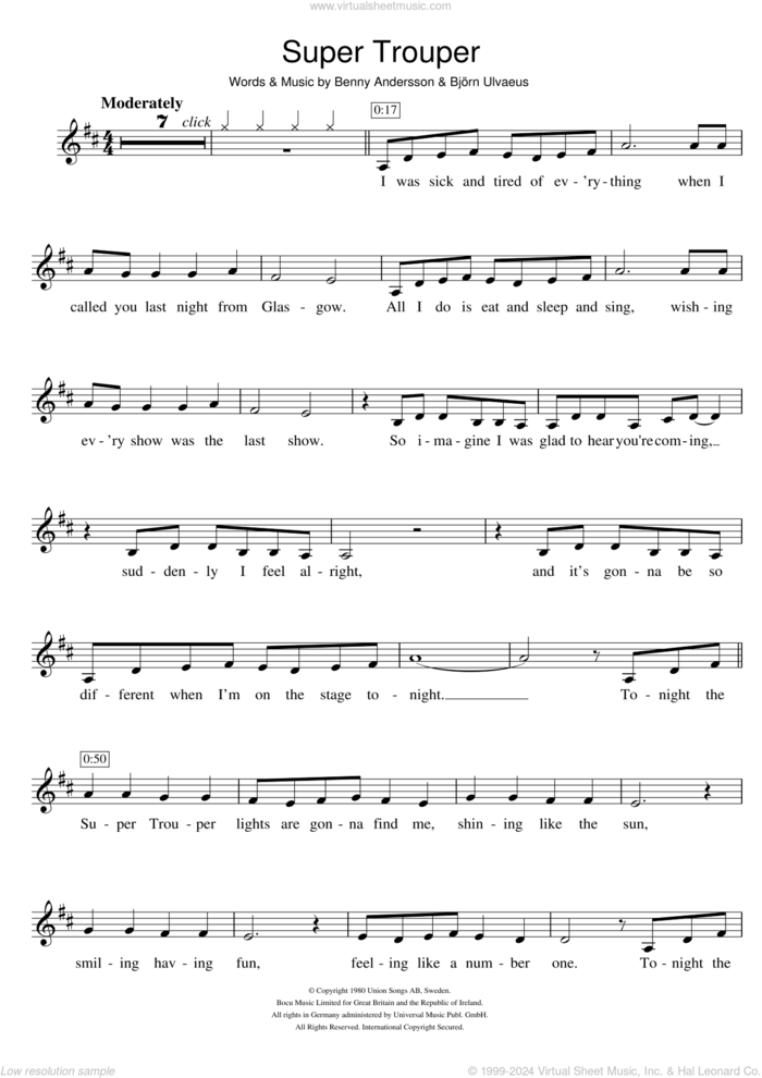 Super Trouper sheet music for clarinet solo by ABBA, Benny Andersson and Bjorn Ulvaeus, intermediate skill level