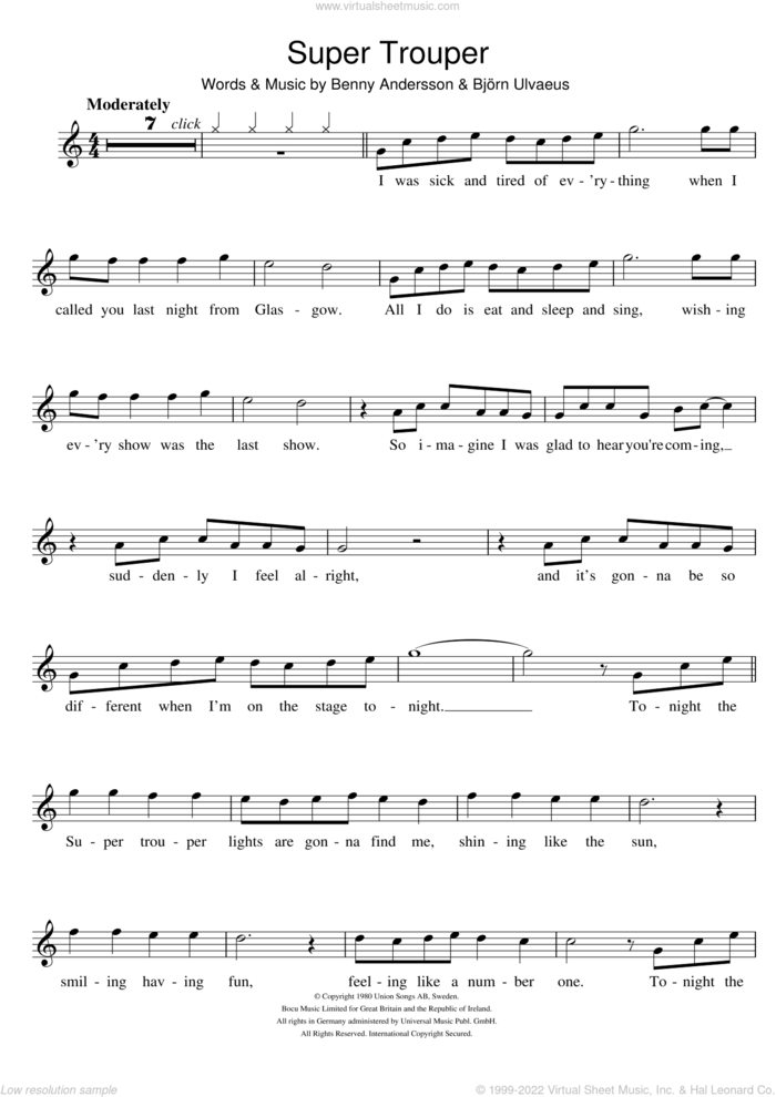 Super Trouper sheet music for flute solo by ABBA, Benny Andersson and Bjorn Ulvaeus, intermediate skill level