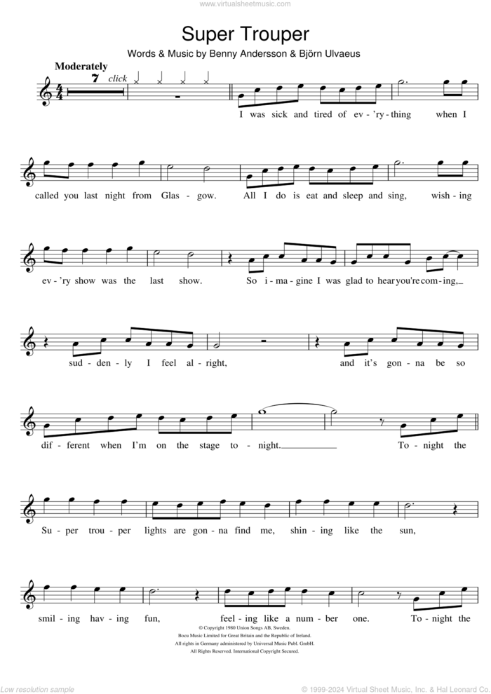 Super Trouper sheet music for flute solo by ABBA, Benny Andersson and Bjorn Ulvaeus, intermediate skill level