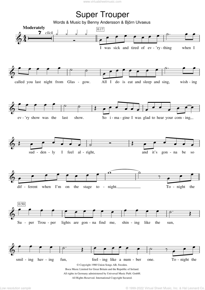 Super Trouper sheet music for violin solo by ABBA, Benny Andersson and Bjorn Ulvaeus, intermediate skill level