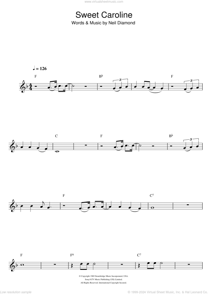 Sweet Caroline sheet music for flute solo by Neil Diamond, intermediate skill level