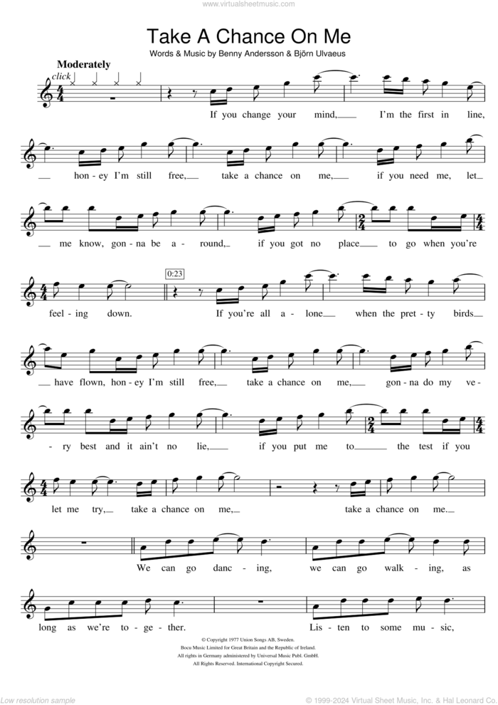 Take A Chance On Me sheet music for flute solo by ABBA, Benny Andersson and Bjorn Ulvaeus, intermediate skill level