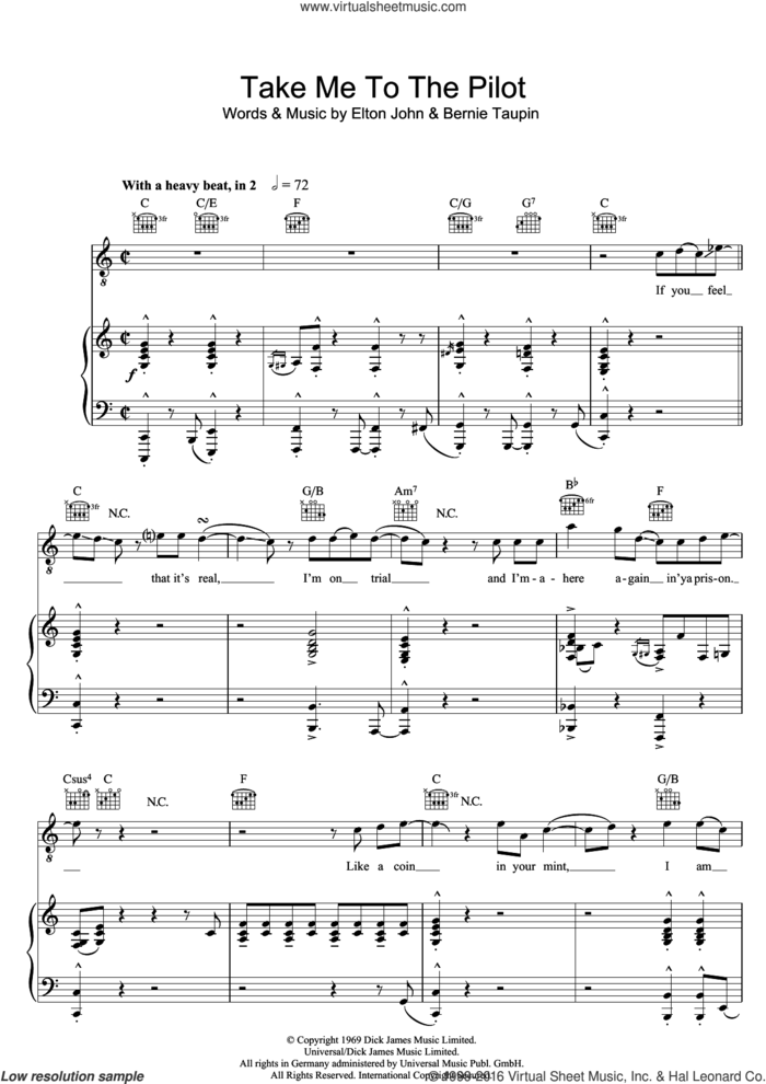 Take Me To The Pilot sheet music for violin solo by Elton John and Bernie Taupin, intermediate skill level