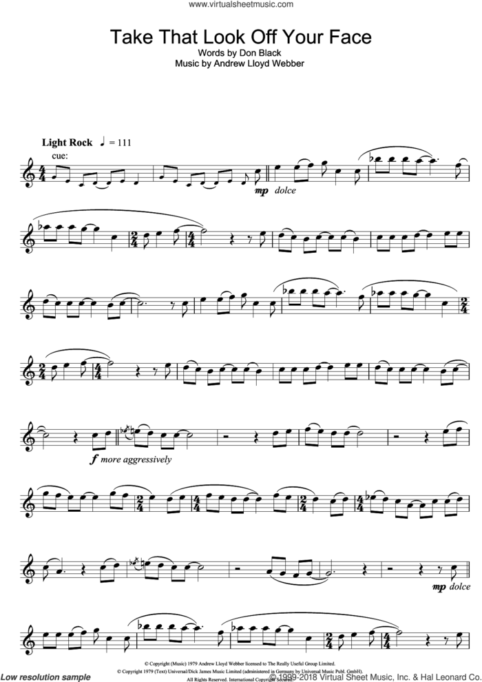 Take That Look Off Your Face (from Tell Me On A Sunday) sheet music for flute solo by Andrew Lloyd Webber and Don Black, intermediate skill level