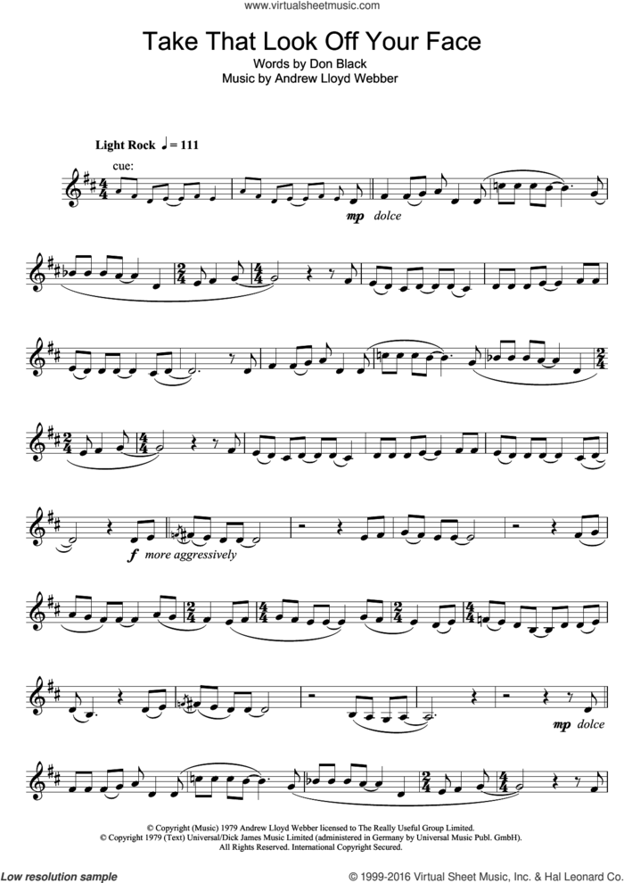 Take That Look Off Your Face (from Tell Me On A Sunday) sheet music for trumpet solo by Andrew Lloyd Webber and Don Black, intermediate skill level