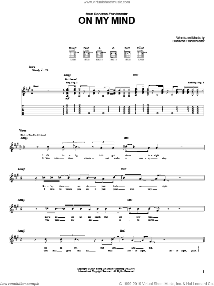 On My Mind sheet music for guitar (tablature) by Donavon Frankenreiter, intermediate skill level