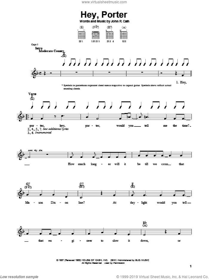 Hey, Porter sheet music for guitar solo (chords) by Johnny Cash, easy guitar (chords)