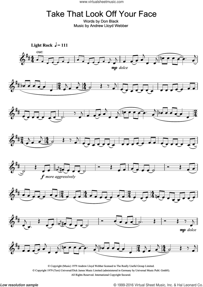 Take That Look Off Your Face (from Tell Me On A Sunday) sheet music for tenor saxophone solo by Andrew Lloyd Webber and Don Black, intermediate skill level