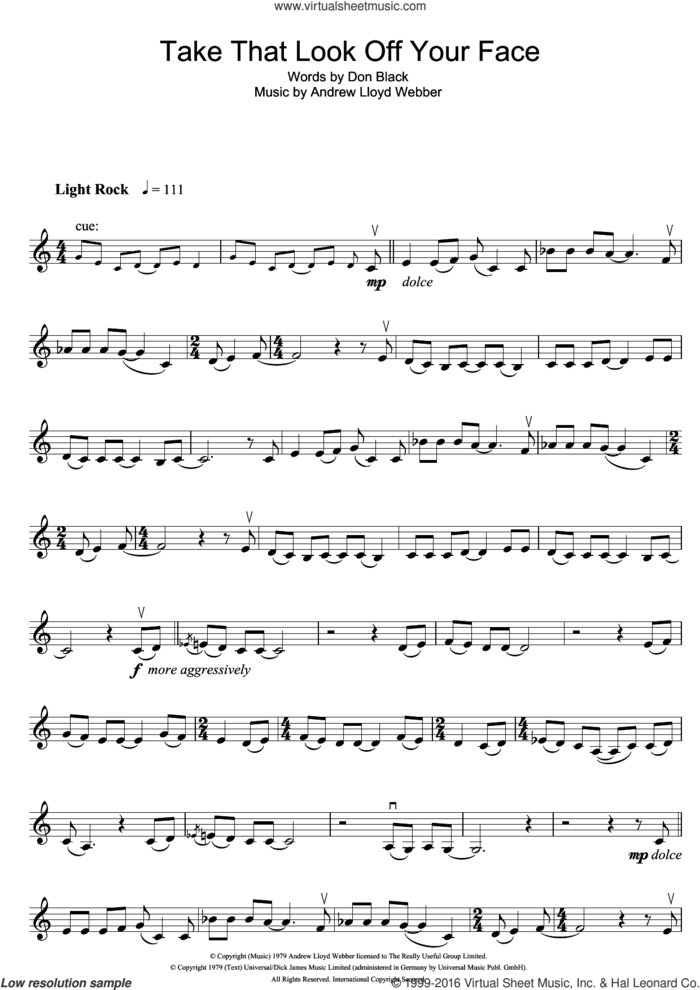 Take That Look Off Your Face (from Tell Me On A Sunday) sheet music for violin solo by Andrew Lloyd Webber and Don Black, intermediate skill level