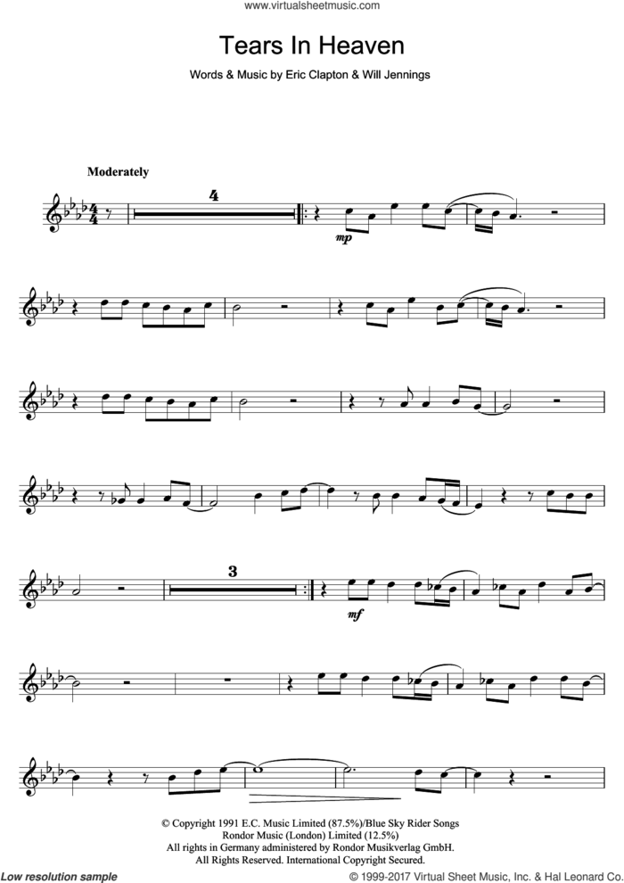 Tears In Heaven sheet music for flute solo by Eric Clapton and Will Jennings, intermediate skill level