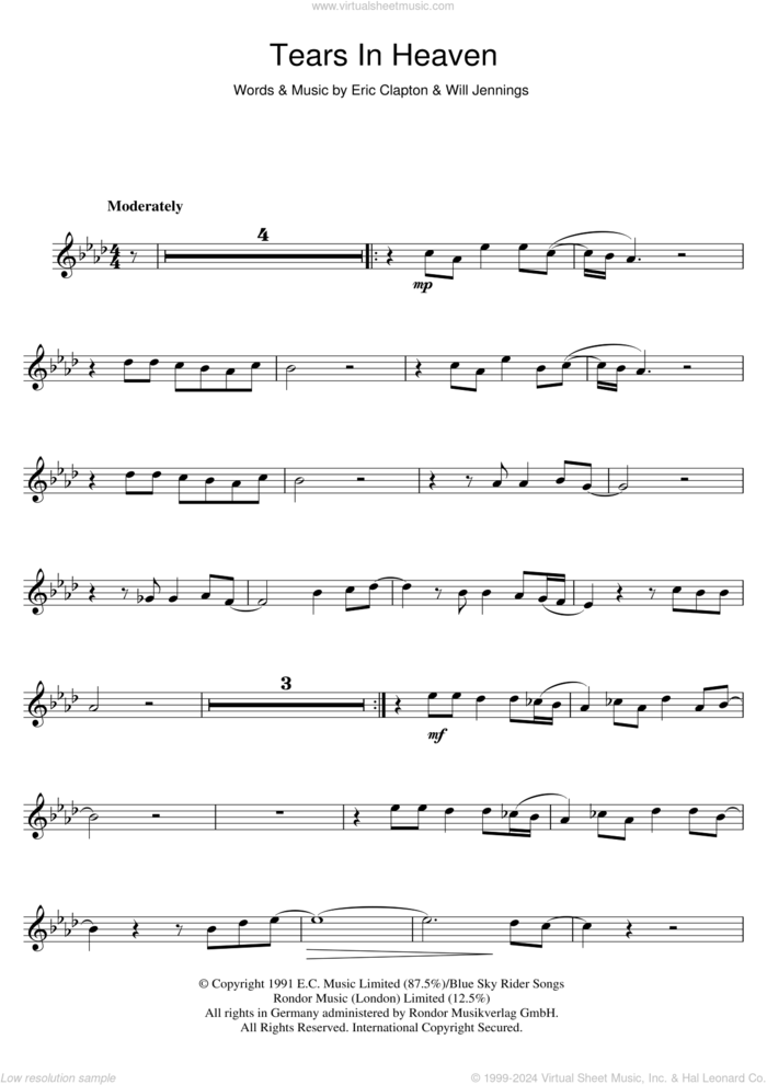 Tears In Heaven sheet music for flute solo by Eric Clapton and Will Jennings, intermediate skill level