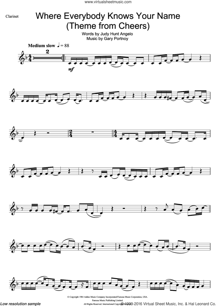 Where Everybody Knows Your Name (Theme from Cheers) sheet music for clarinet solo by Gary Portnoy and Judy Hart Angelo, intermediate skill level
