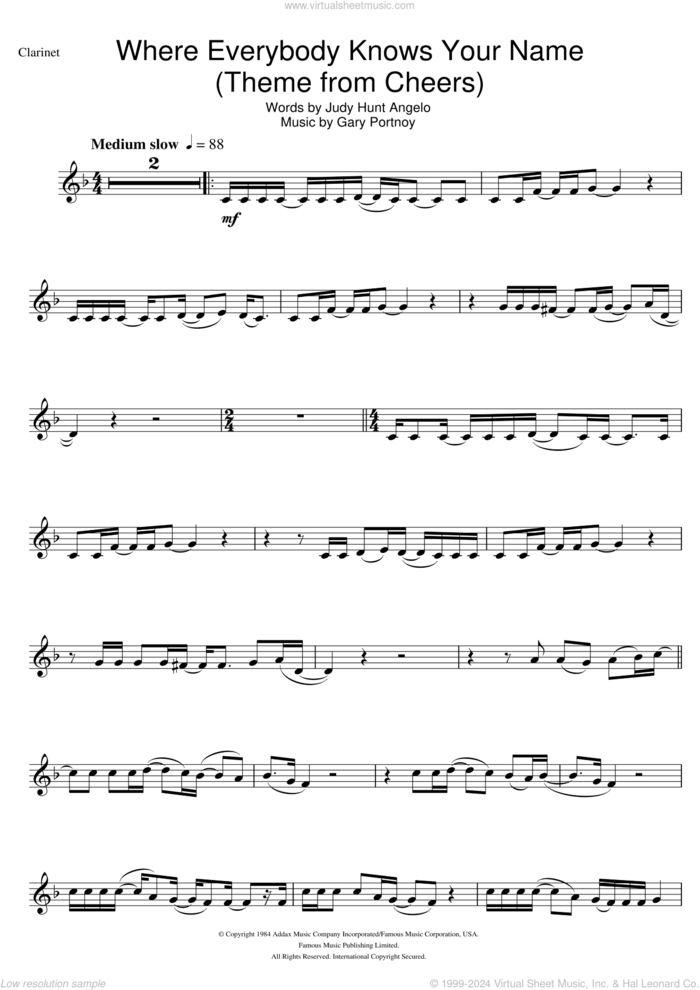 Where Everybody Knows Your Name (Theme from Cheers) sheet music for clarinet solo by Gary Portnoy and Judy Hart Angelo, intermediate skill level