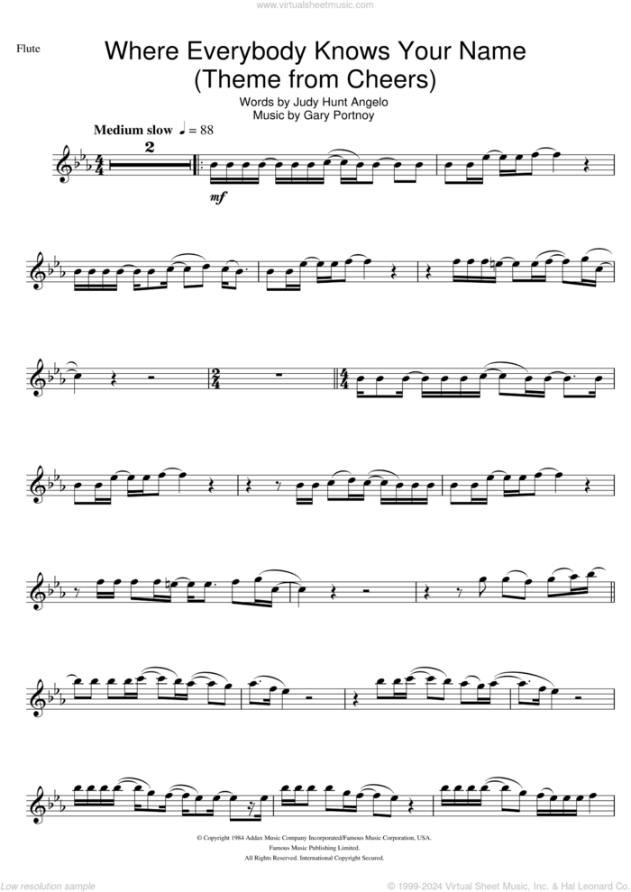 Where Everybody Knows Your Name (Theme from Cheers) sheet music for flute solo by Gary Portnoy and Judy Hart Angelo, intermediate skill level