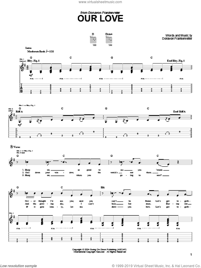 Our Love sheet music for guitar (tablature) by Donavon Frankenreiter, intermediate skill level