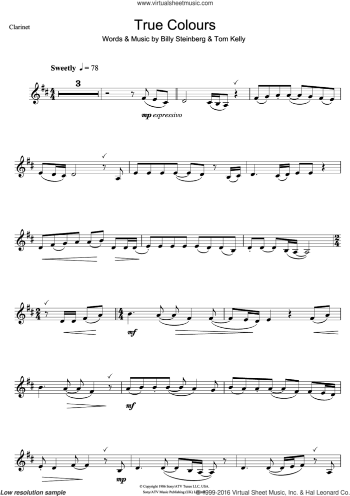 True Colours sheet music for clarinet solo by Eva Cassidy, Billy Steinberg and Tom Kelly, intermediate skill level