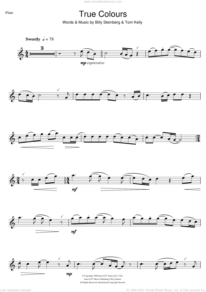 True Colours sheet music for flute solo by Eva Cassidy, Billy Steinberg and Tom Kelly, intermediate skill level