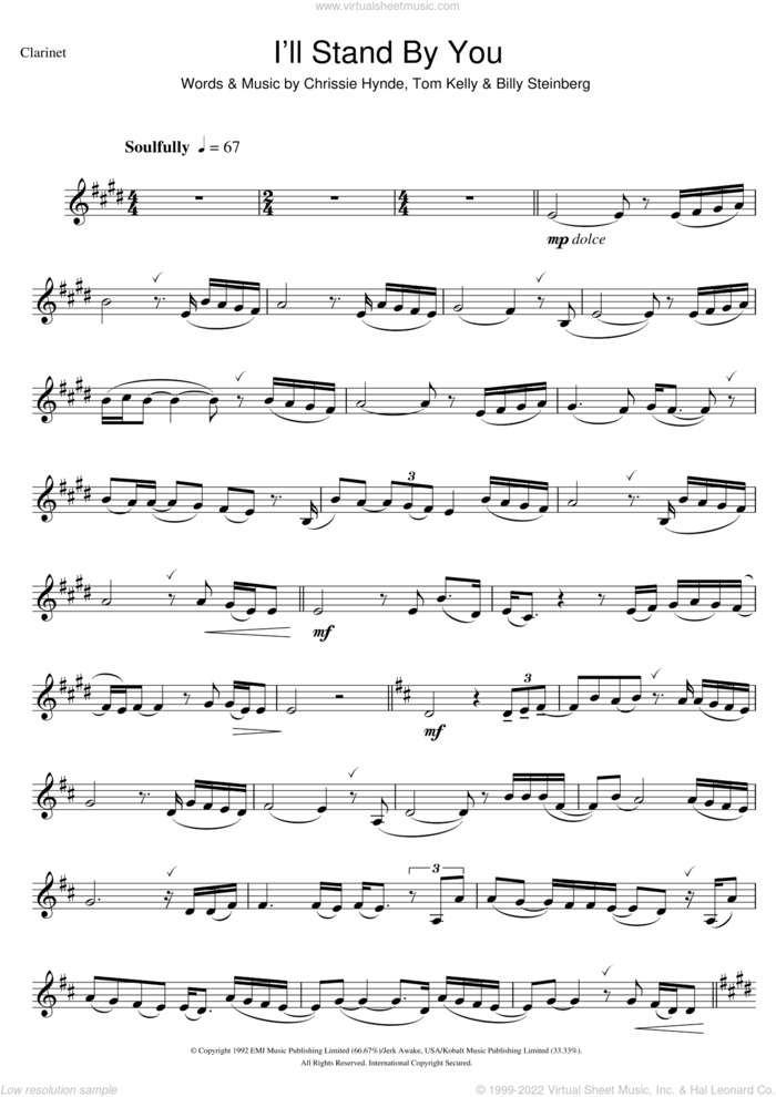 I'll Stand By You sheet music for clarinet solo by The Pretenders, Billy Steinberg, Chrissie Hynde and Tom Kelly, intermediate skill level