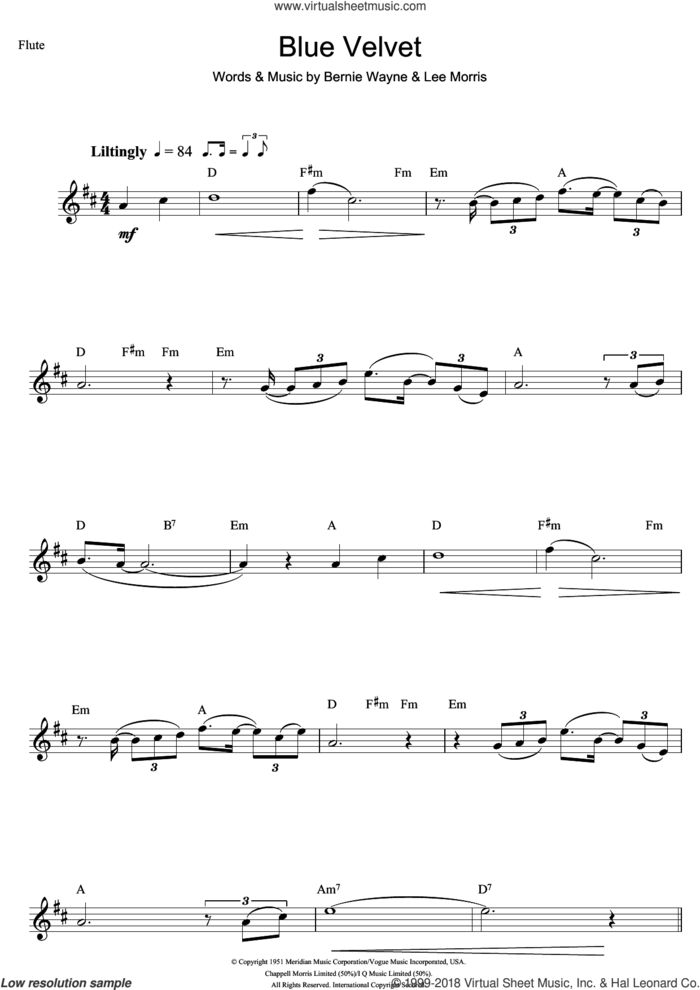 Blue Velvet sheet music for flute solo by Tony Bennett, Bernie Wayne and Lee Morris, intermediate skill level