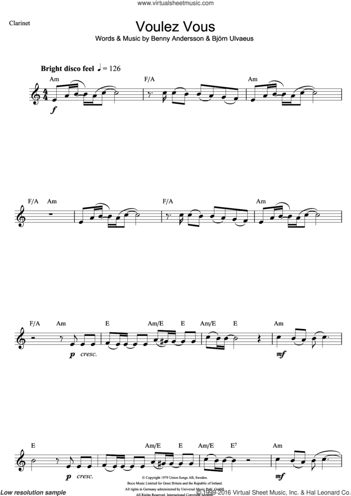 Voulez Vous sheet music for clarinet solo by ABBA, Benny Andersson and Bjorn Ulvaeus, intermediate skill level