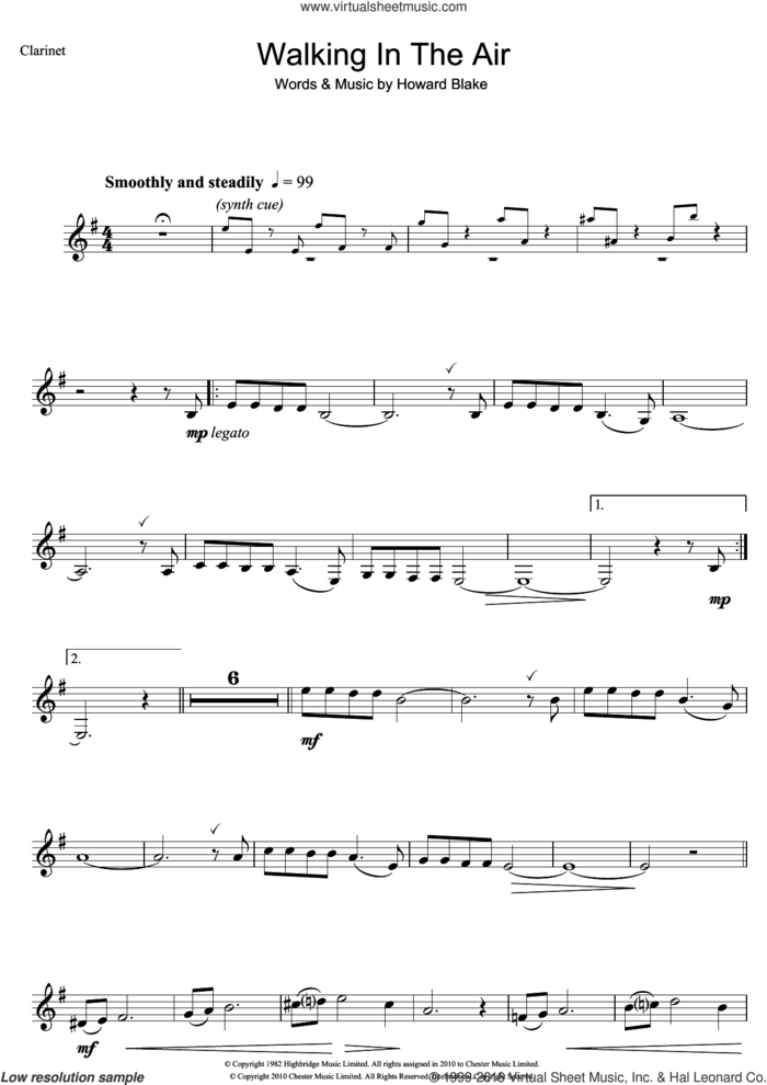 Walking In The Air (theme from The Snowman) sheet music for clarinet solo by Howard Blake and Aled Jones, intermediate skill level