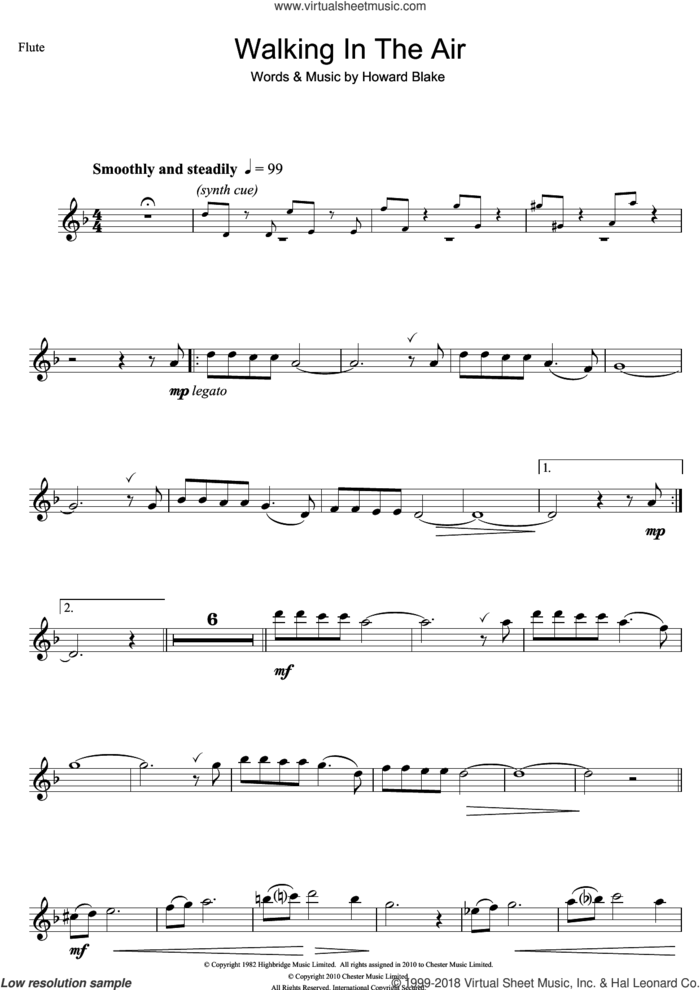 Walking In The Air (theme from The Snowman) sheet music for flute solo by Howard Blake and Aled Jones, intermediate skill level