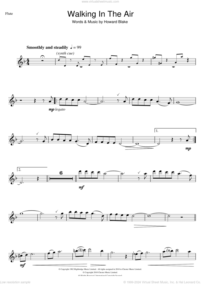 Walking In The Air (theme from The Snowman) sheet music for flute solo by Howard Blake and Aled Jones, intermediate skill level