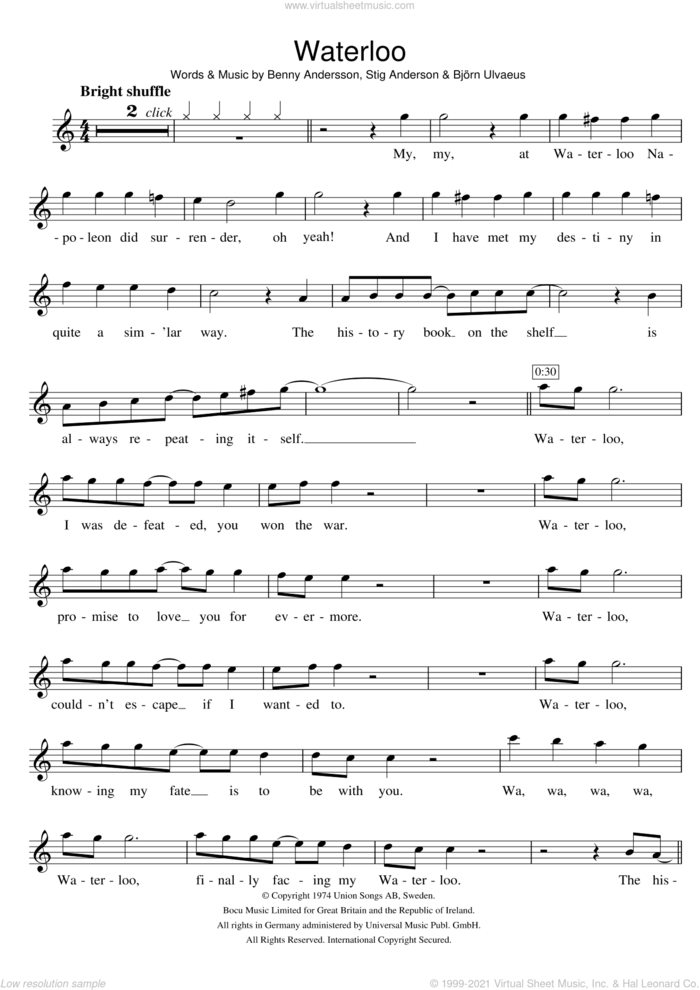 Waterloo sheet music for violin solo by ABBA, Benny Andersson, Bjorn Ulvaeus and Stig Anderson, intermediate skill level