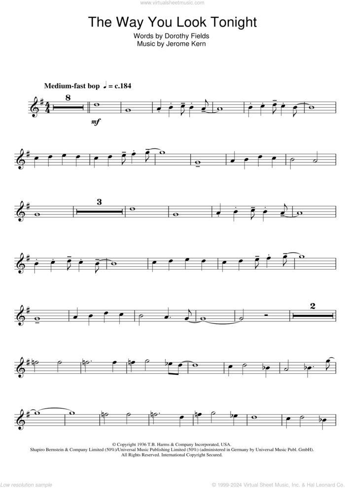 The Way You Look Tonight sheet music for clarinet solo by Jerome Kern, Rod Stewart and Dorothy Fields, wedding score, intermediate skill level