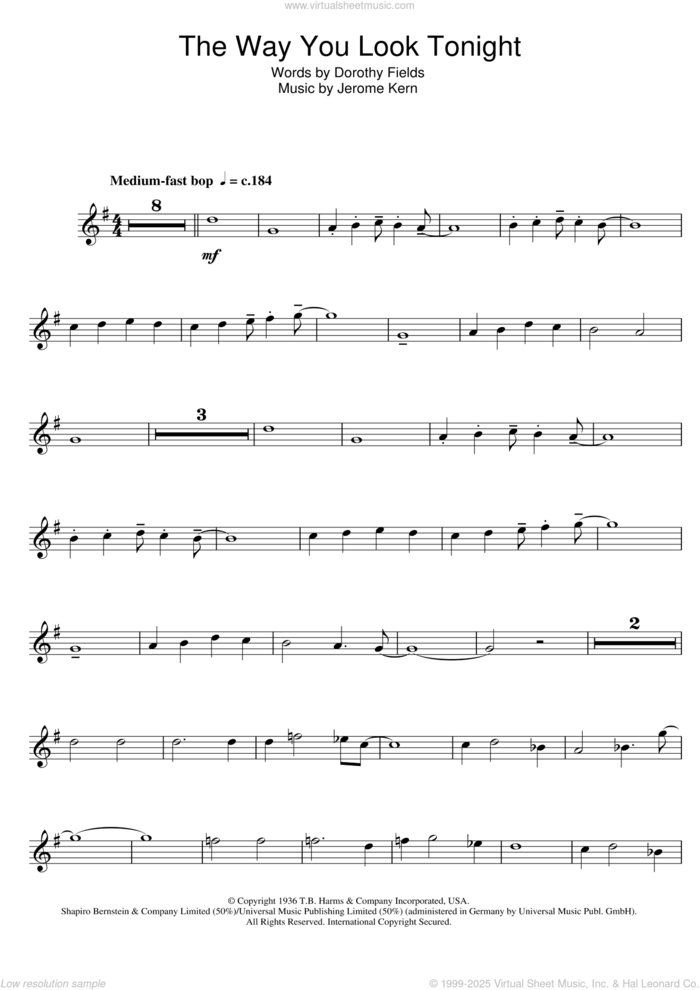 The Way You Look Tonight sheet music for tenor saxophone solo by Jerome Kern, Rod Stewart and Dorothy Fields, wedding score, intermediate skill level