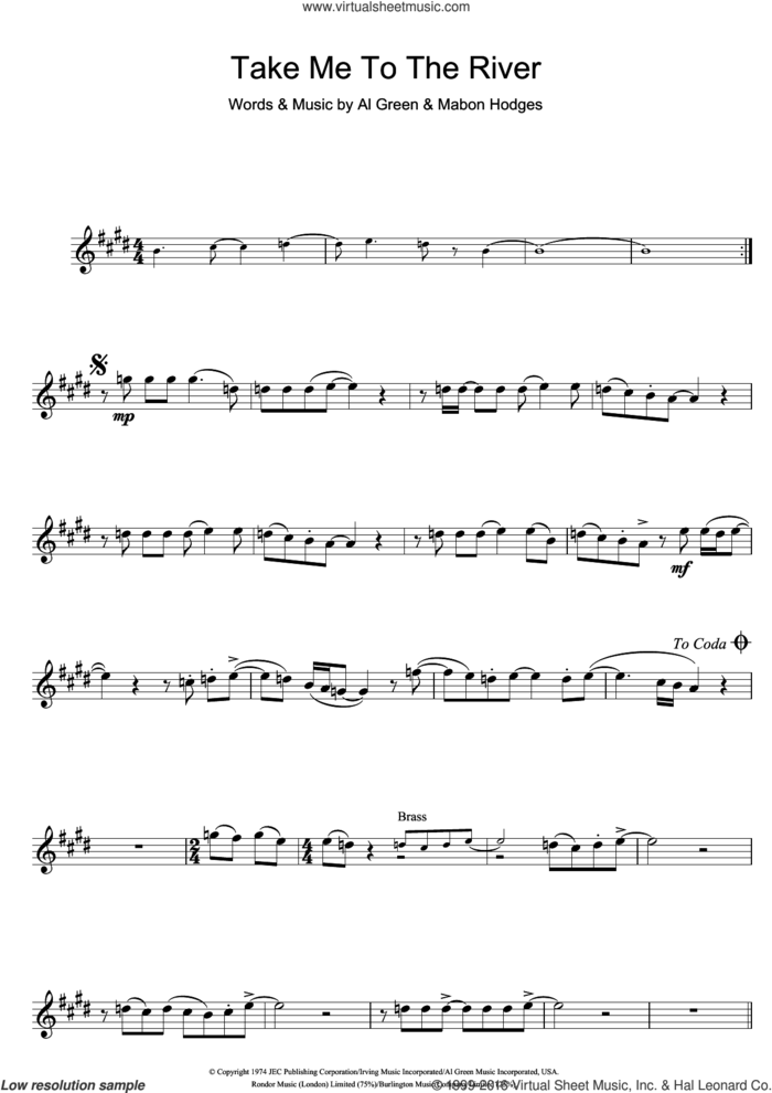 Take Me To The River sheet music for trumpet solo by Al Green, Annie Lennox and Mabon Hodges, intermediate skill level