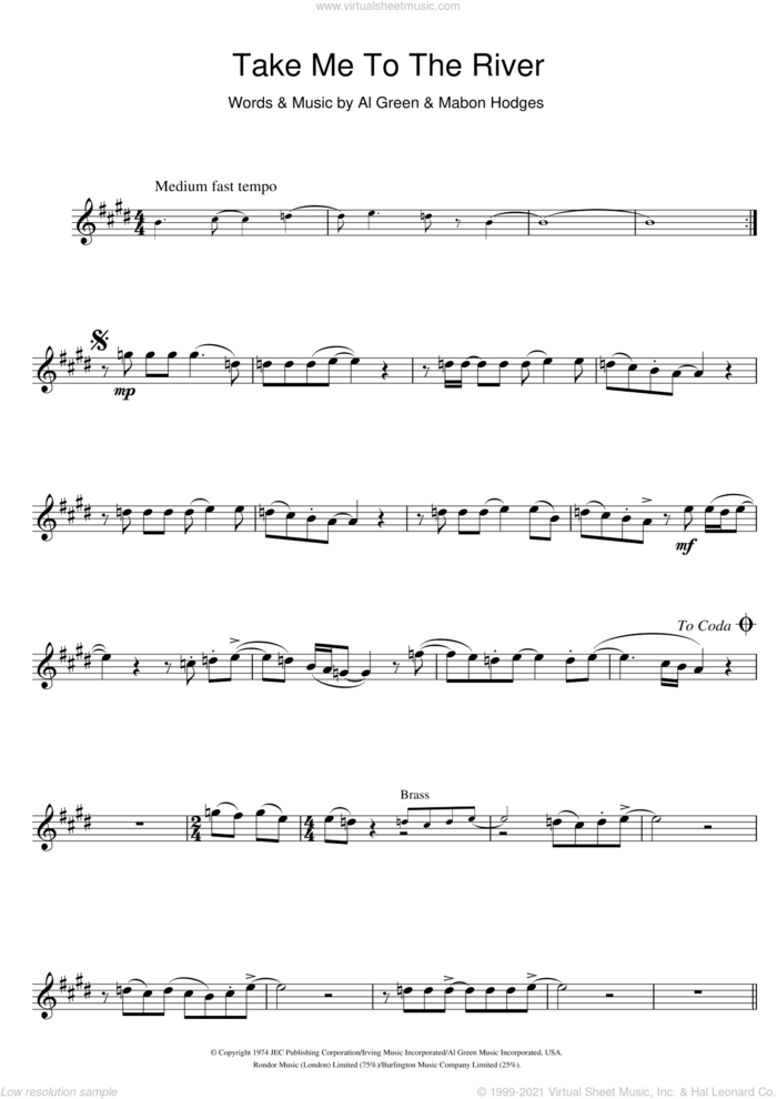 Take Me To The River sheet music for tenor saxophone solo by Al Green, Annie Lennox and Mabon Hodges, intermediate skill level
