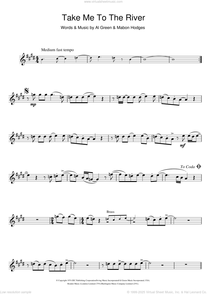 Take Me To The River sheet music for tenor saxophone solo by Al Green, Annie Lennox and Mabon Hodges, intermediate skill level