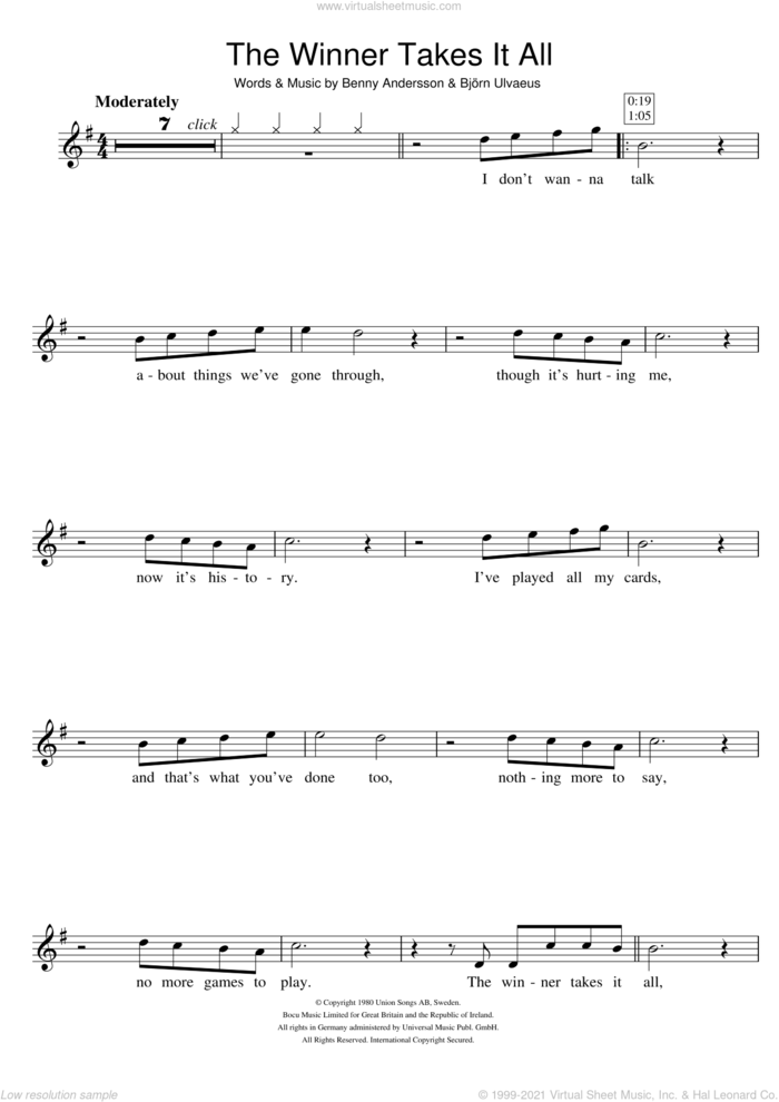 The Winner Takes It All sheet music for violin solo by ABBA, Benny Andersson and Bjorn Ulvaeus, intermediate skill level