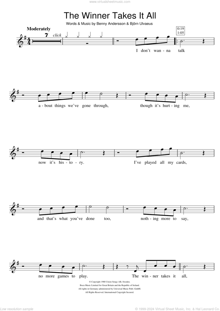 The Winner Takes It All sheet music for violin solo by ABBA, Benny Andersson and Bjorn Ulvaeus, intermediate skill level