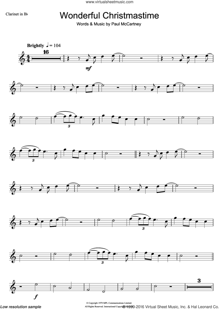 Wonderful Christmastime sheet music for clarinet solo by Paul McCartney, intermediate skill level