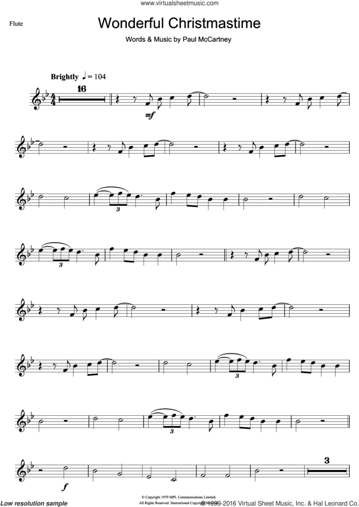 Wonderful Christmastime sheet music for flute solo by Paul McCartney, intermediate skill level