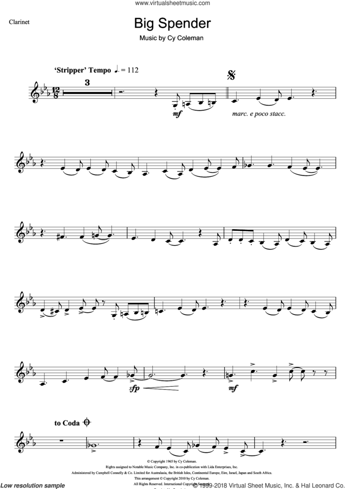 Big Spender (from Sweet Charity) sheet music for clarinet solo by Shirley Bassey and Cy Coleman, intermediate skill level
