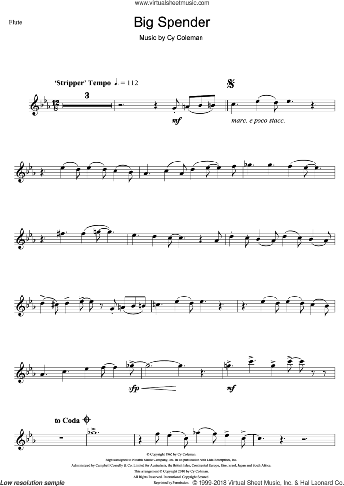 Big Spender (from Sweet Charity) sheet music for flute solo by Shirley Bassey and Cy Coleman, intermediate skill level