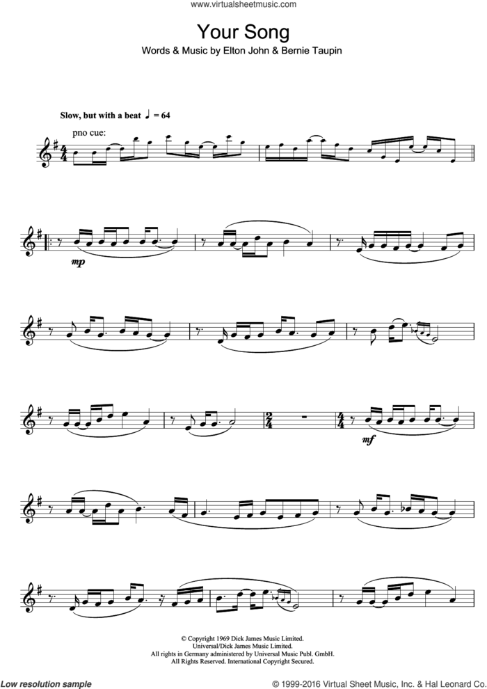Your Song sheet music for clarinet solo by Elton John and Bernie Taupin, intermediate skill level