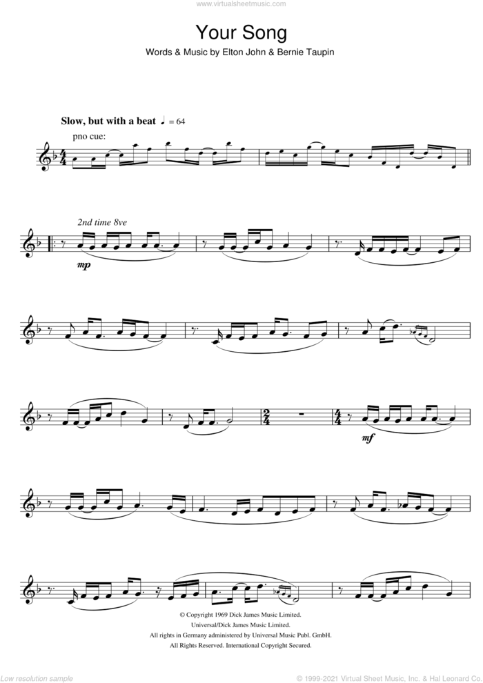 Your Song sheet music for flute solo by Elton John and Bernie Taupin, intermediate skill level