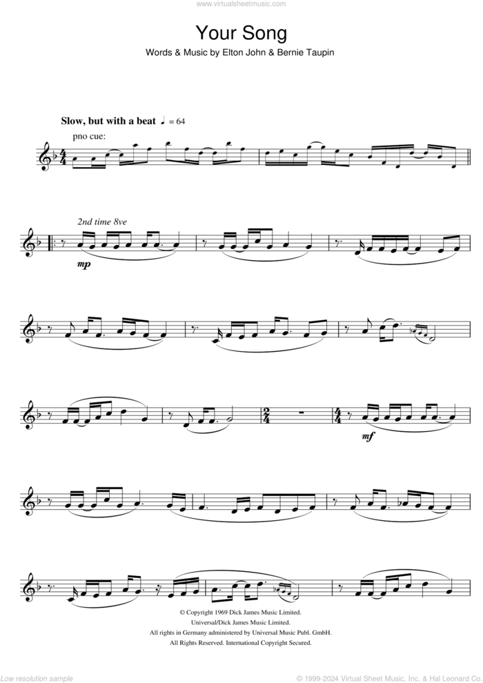 Your Song sheet music for flute solo by Elton John and Bernie Taupin, intermediate skill level