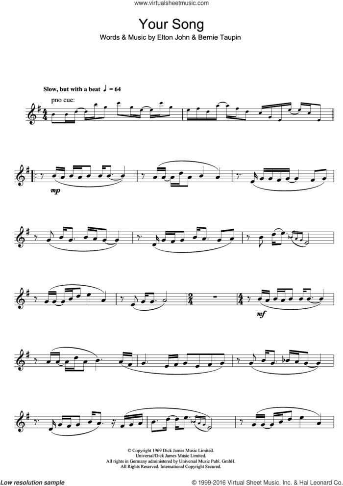 Your Song sheet music for tenor saxophone solo by Elton John and Bernie Taupin, intermediate skill level