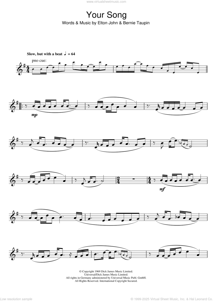 Your Song sheet music for tenor saxophone solo by Elton John and Bernie Taupin, intermediate skill level