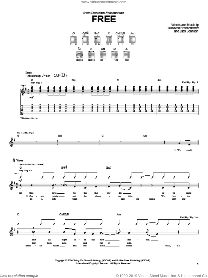Free sheet music for guitar (tablature) by Donavon Frankenreiter and Jack Johnson, intermediate skill level
