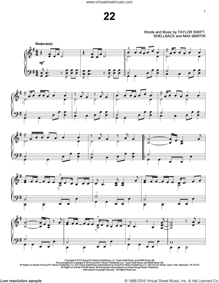 22, (intermediate) sheet music for piano solo by Taylor Swift, Max Martin and Shellback, intermediate skill level