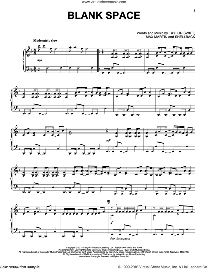 Blank Space, (intermediate) sheet music for piano solo by Taylor Swift, Johan Schuster, Max Martin and Shellback, intermediate skill level