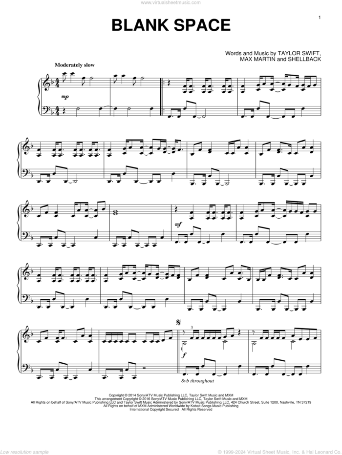 Blank Space, (intermediate) sheet music for piano solo by Taylor Swift, Johan Schuster, Max Martin and Shellback, intermediate skill level