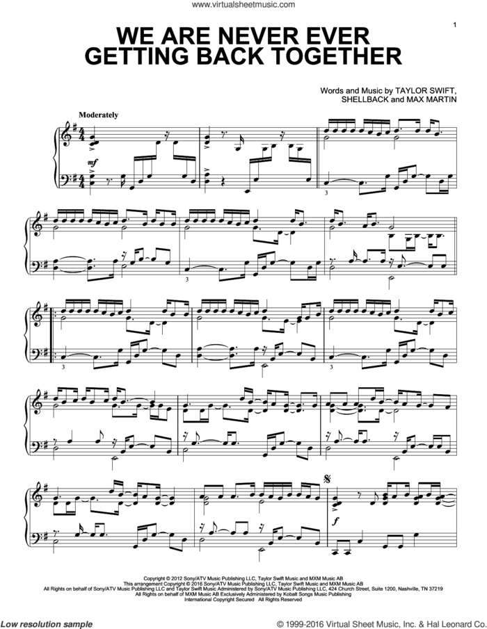We Are Never Ever Getting Back Together, (intermediate) sheet music for piano solo by Taylor Swift, Max Martin and Shellback, intermediate skill level